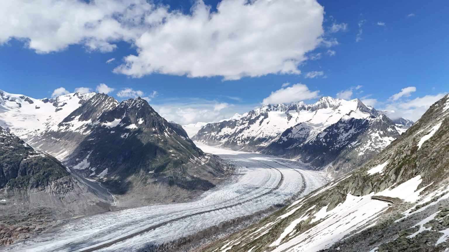 View of Aletsch Glacier between mountains.